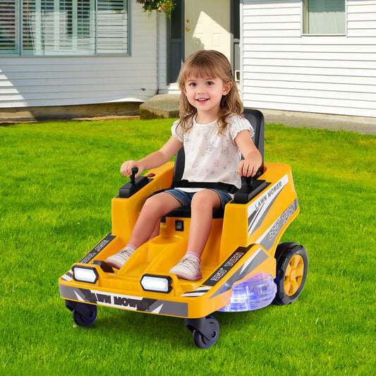The kids electric car parked on a green lawn in front of a white house with a child sitting inside