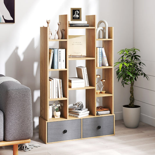 The tall wooden bookcase with drawers is shown in a living room setting