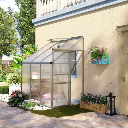 دفيئة Outsunny بمقاس 6 × 4 قدم، تُسند على الجدار، مصنوعة من البولي كربونات، دفيئة حديقة قائمة بذاتها من الألومنيوم مع فتحة سقف قابلة للتعديل، ومزراب للمطر، وباب منزلق، شفافة
