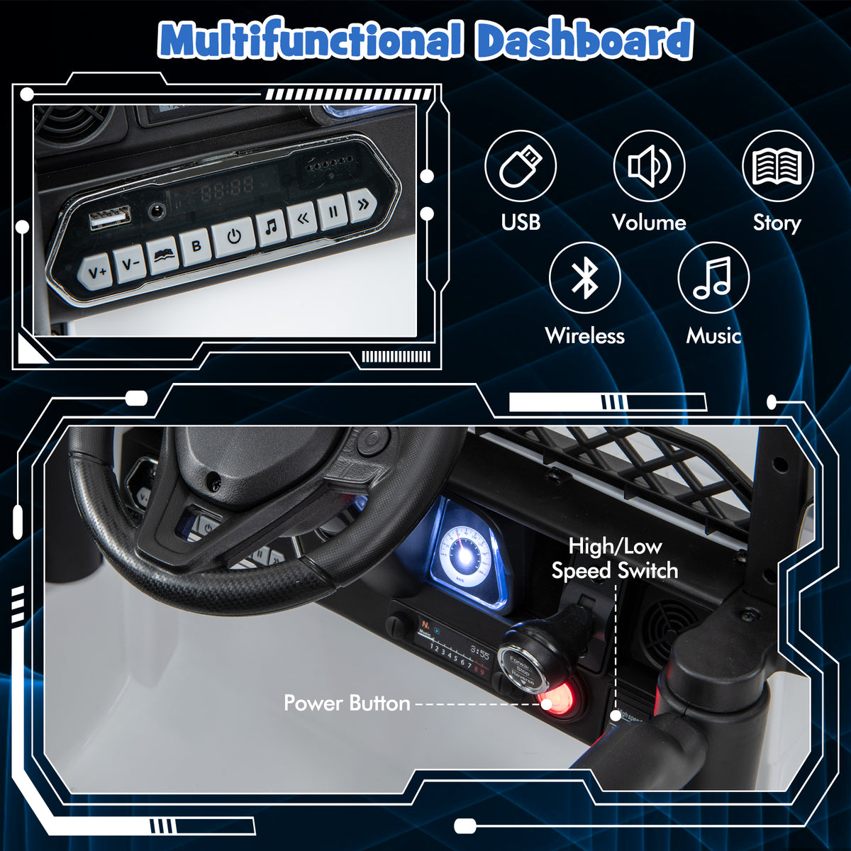 The kids electric car dashboard showing buttons for music, volume and power controls