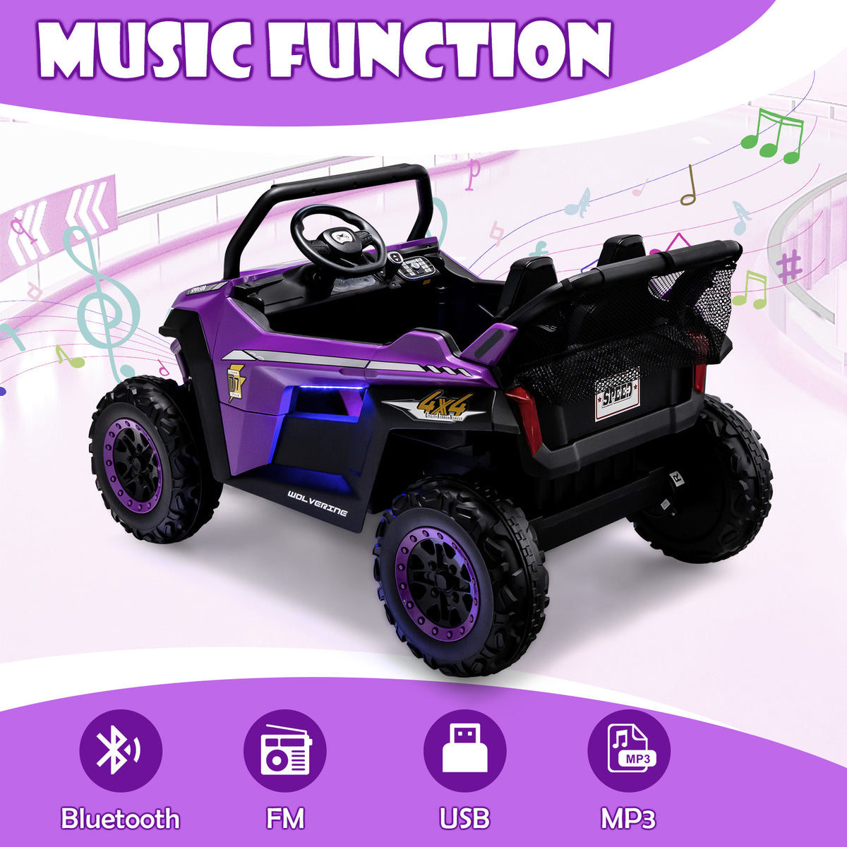 Rear view of the purple kids electric car highlighting its music functions and charging port