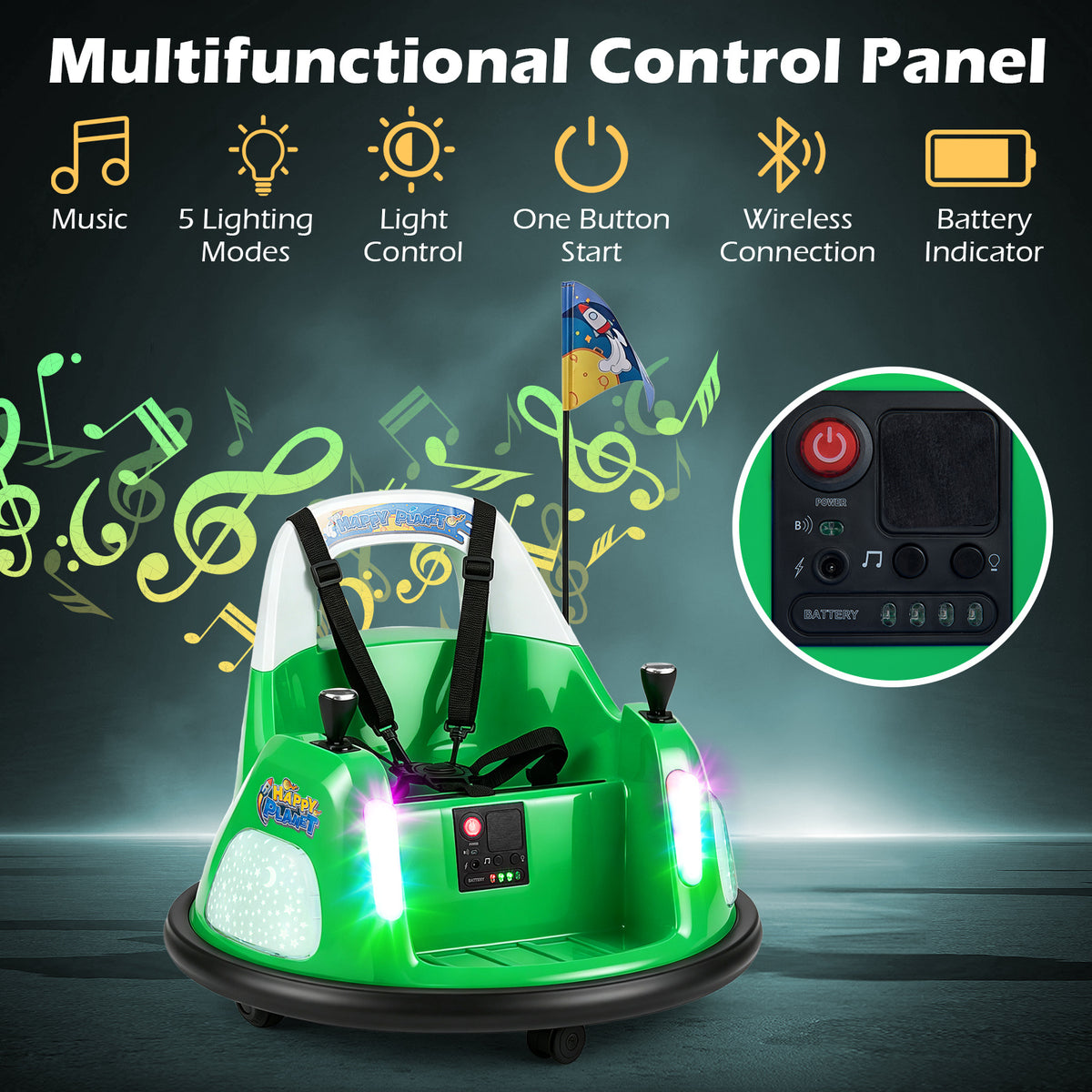 Multifunctional control panel of the kids electric bumper car with lighting and sound options