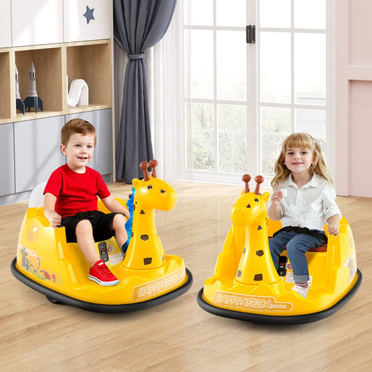 Two children enjoying the yellow bumper car toy in a room