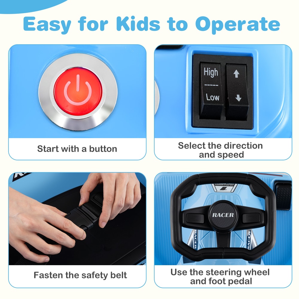 Close up of the electric cleaning go kart controls: start button, speed selector, seatbelt, steering wheel