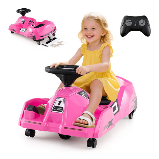 The kids electric car being driven by a smiling young girl in a yellow dress with a remote control