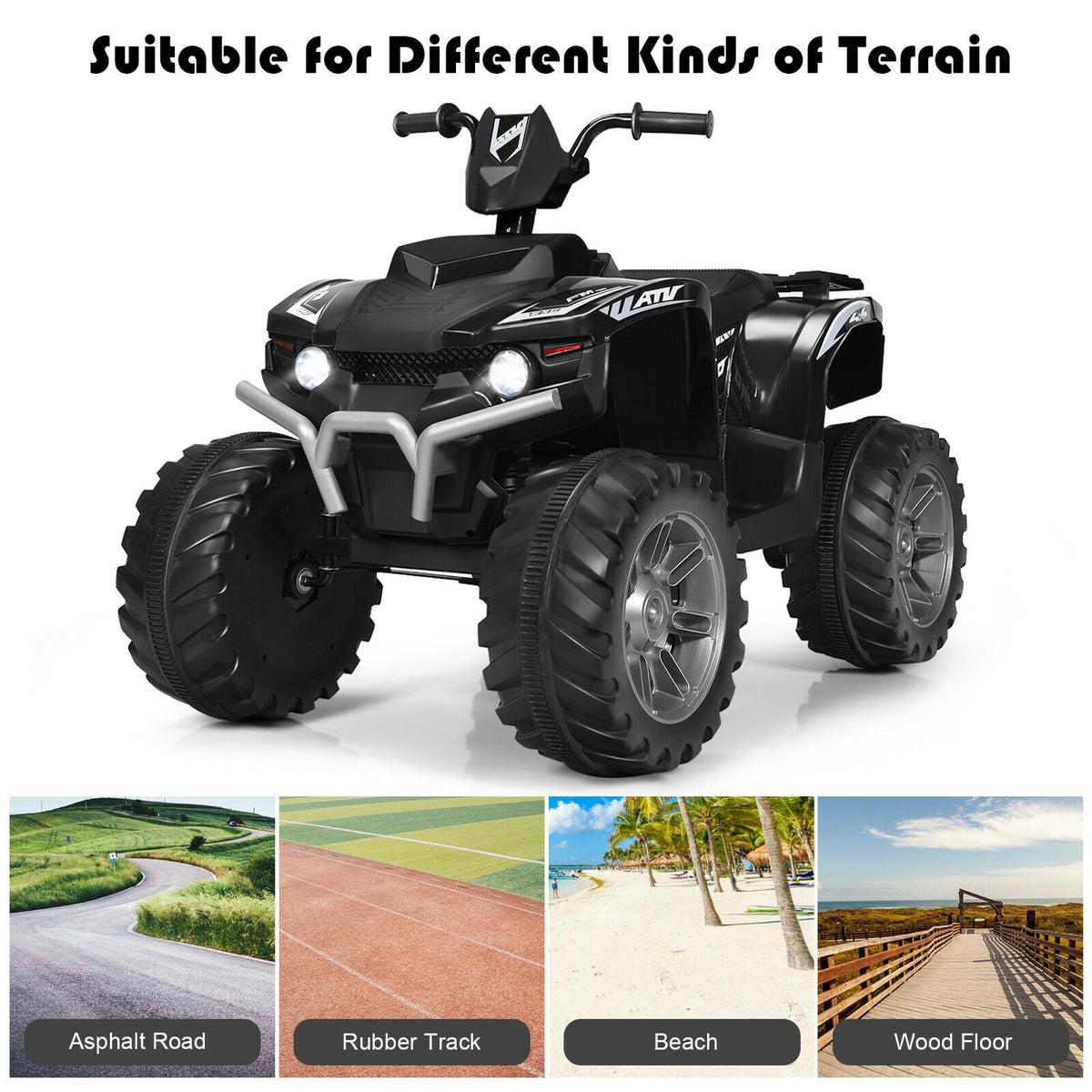Black electric quad bike shown on different terrains