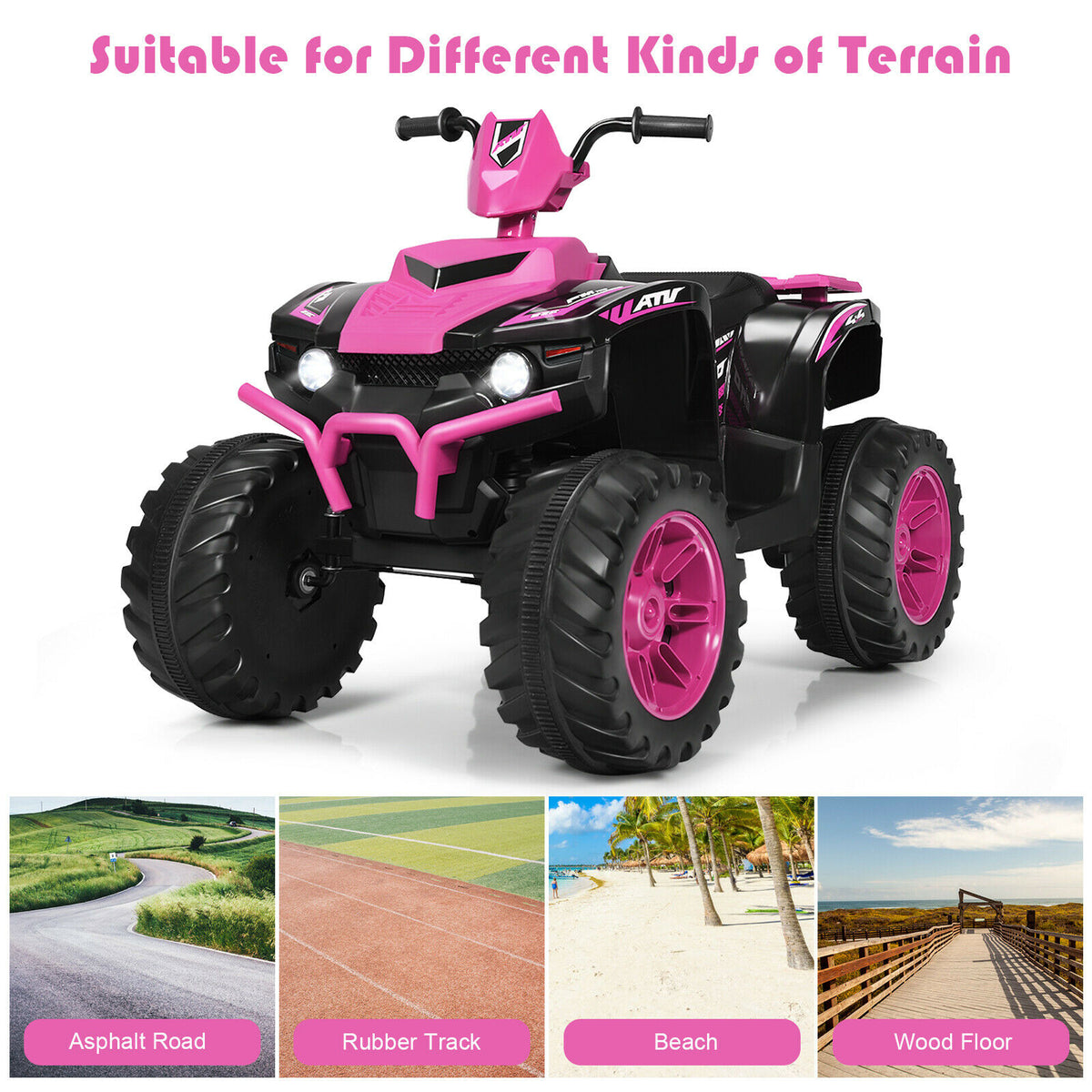 Pink electric quad bike shown on different terrains like asphalt, beach and wood path