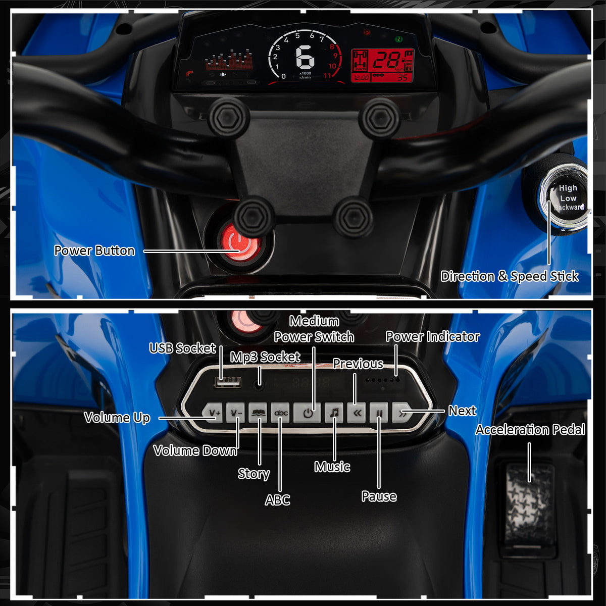 Dashboard of the blue kids electric quad vehicle showing controls and display