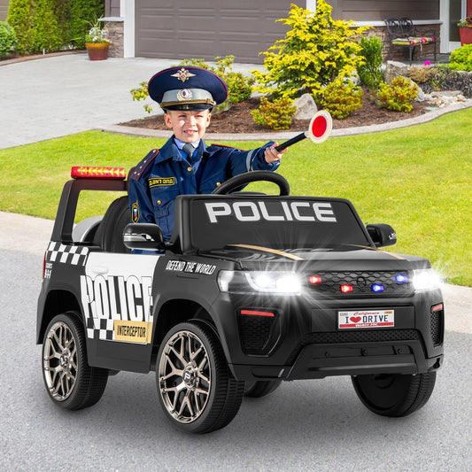 The kids electric car parked on a driveway with a child in a police uniform sitting inside