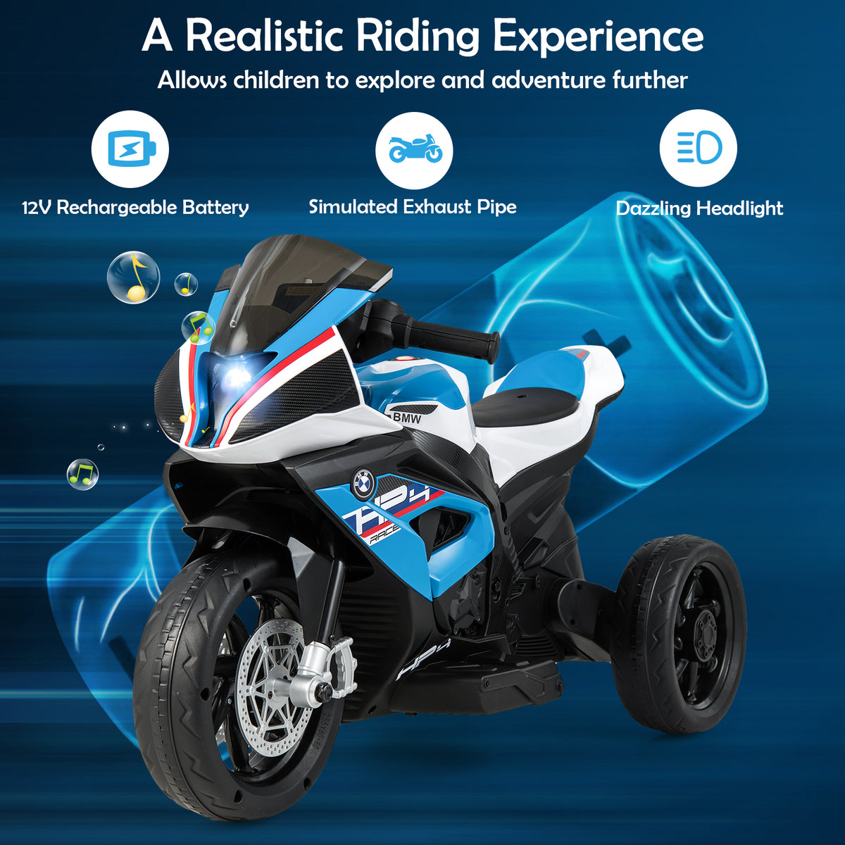 12V Kids Motorcycle Ride-On Toy with Music and Headlight in Blue