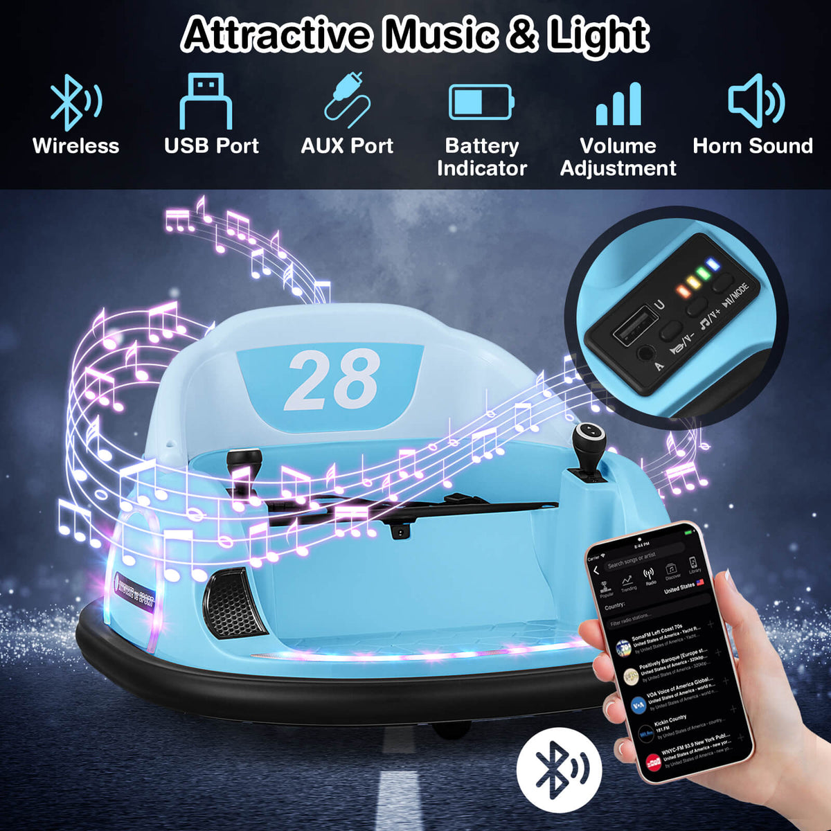 A hand holding a phone demonstrating the music and light features of the blue kids electric bumper car
