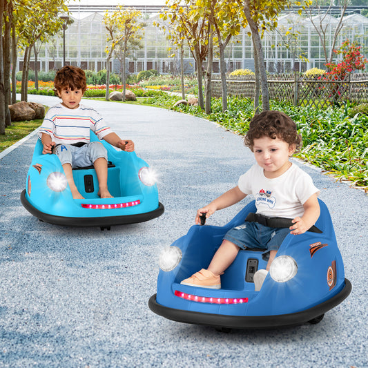 Two children enjoying the navy blue electric cars in a park setting