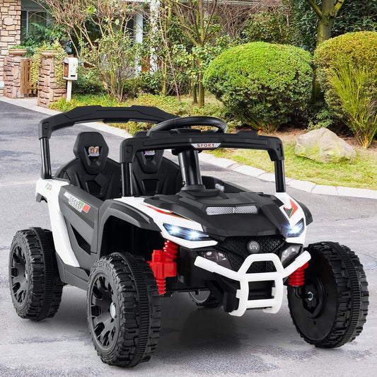 White kids electric UTV with black accents and red suspension details, parked outdoors