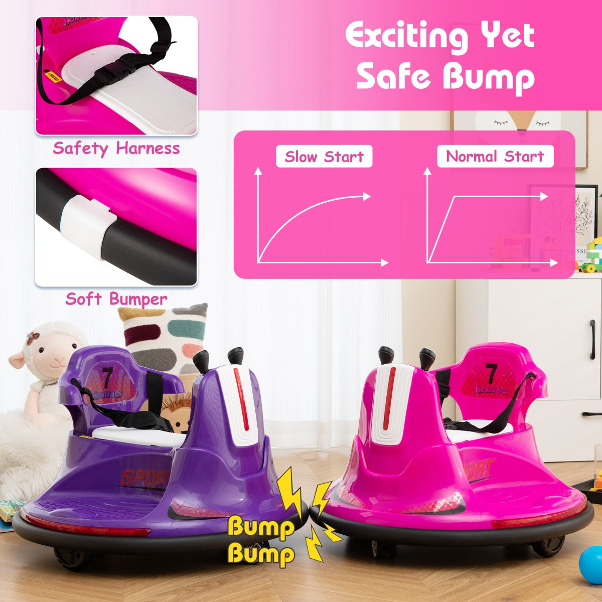 Two kids electric bumper cars in pink and purple showing safety features