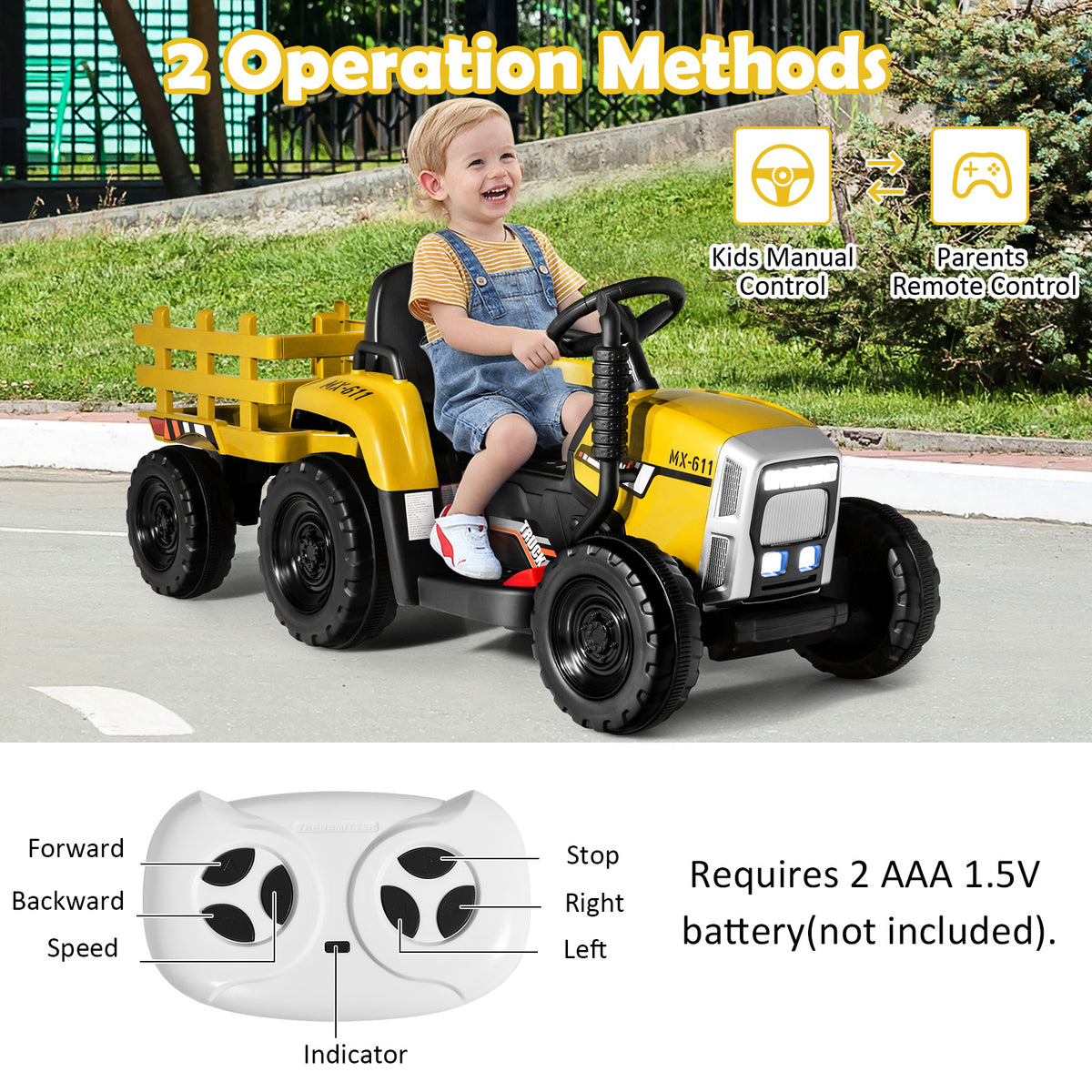 Two operation methods for the yellow ride-on tractor: child control and parent remote control