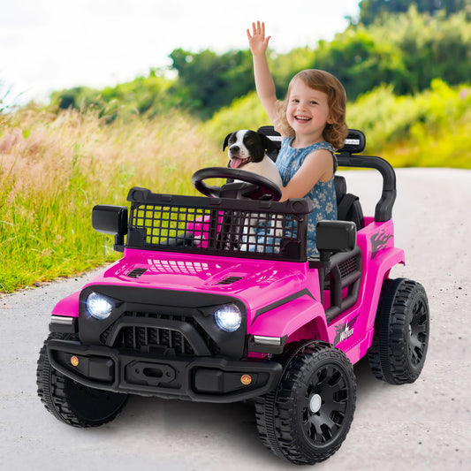 A pink kids electric truck car with a child waving from the driver's seat