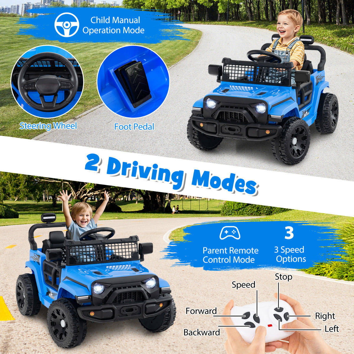 The kids electric car showing manual driving controls and remote control functions