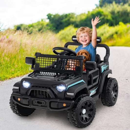 A child and a dog ride in the black 12V Kids Ride on Truck Car on a country road