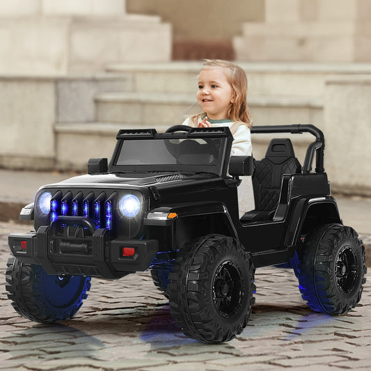 A black kids electric ride on truck with a child driver, featuring large wheels and LED lights