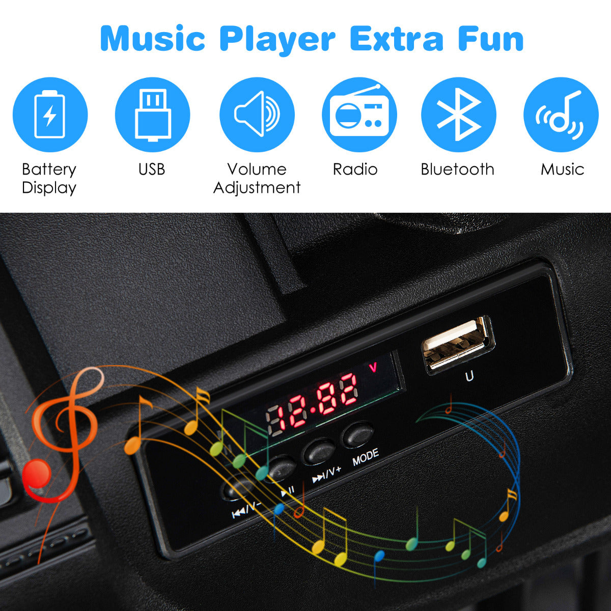 The kids electric car music player panel with icons for connectivity and volume