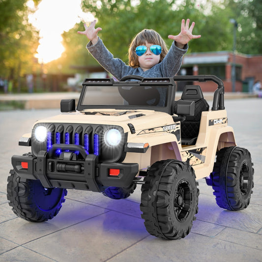 The khaki kids electric car with a child sitting inside on a paved outdoor area