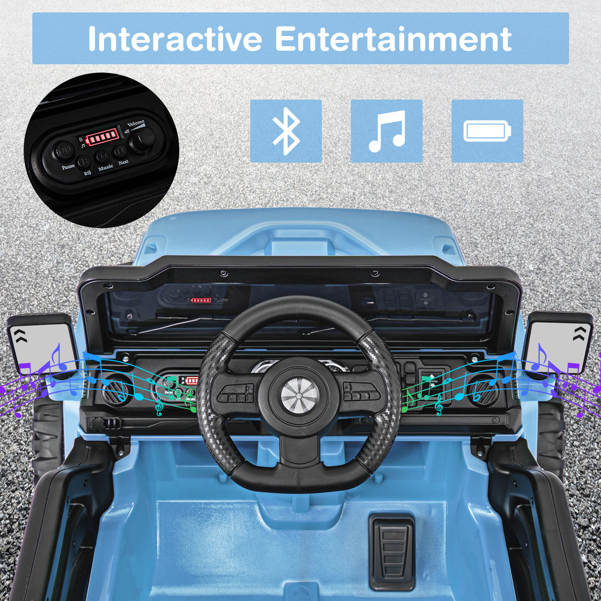 Close-up of the dashboard and steering wheel of the blue kids electric truck