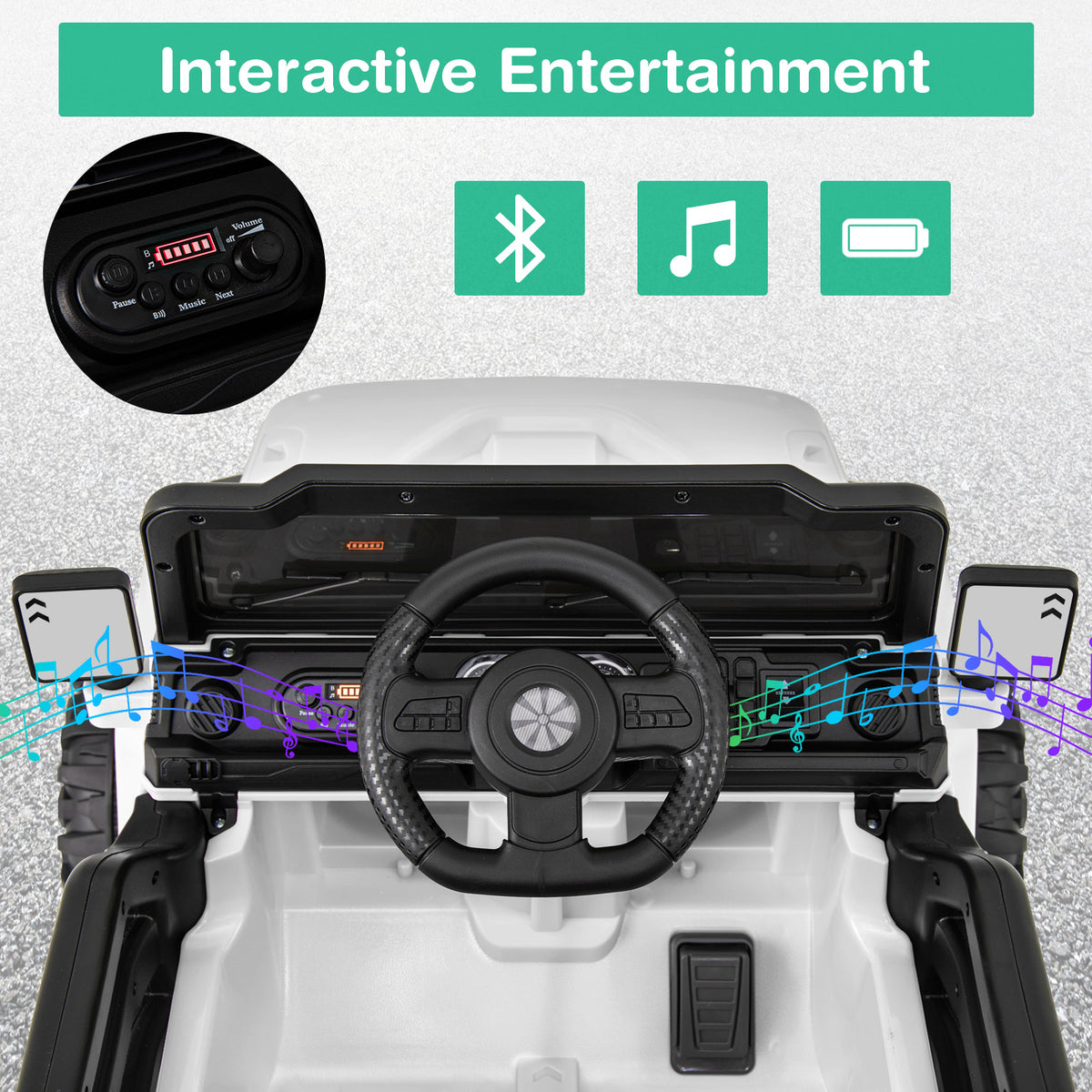 Close up of the steering wheel and dashboard of the white kids electric truck