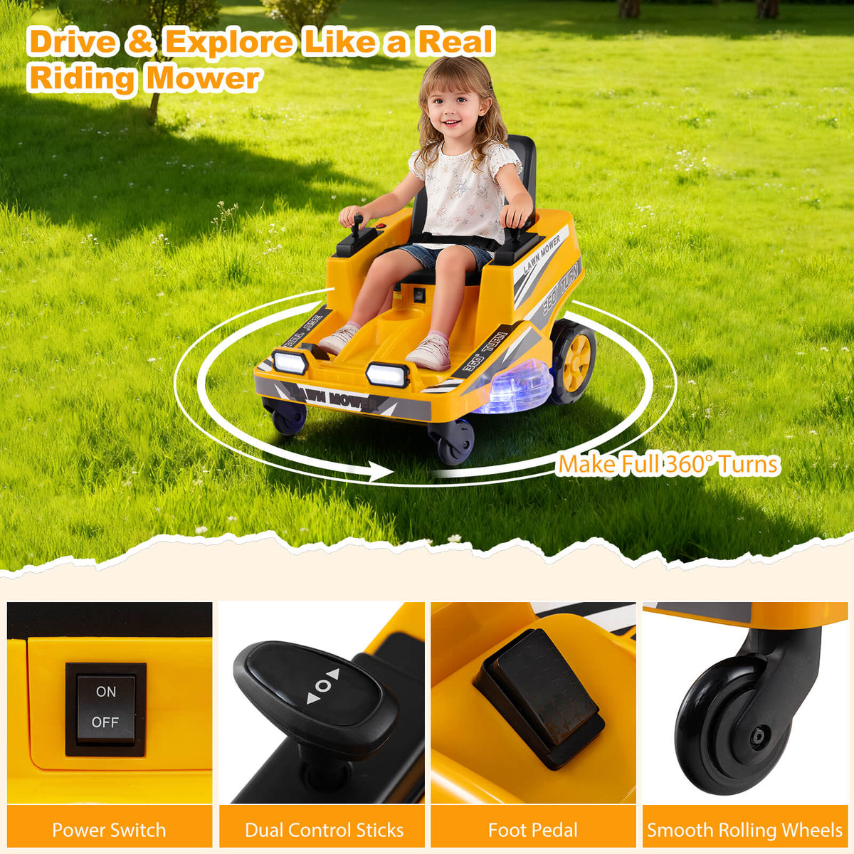 The yellow kids electric mower on grass with four small panels showing its specific parts
