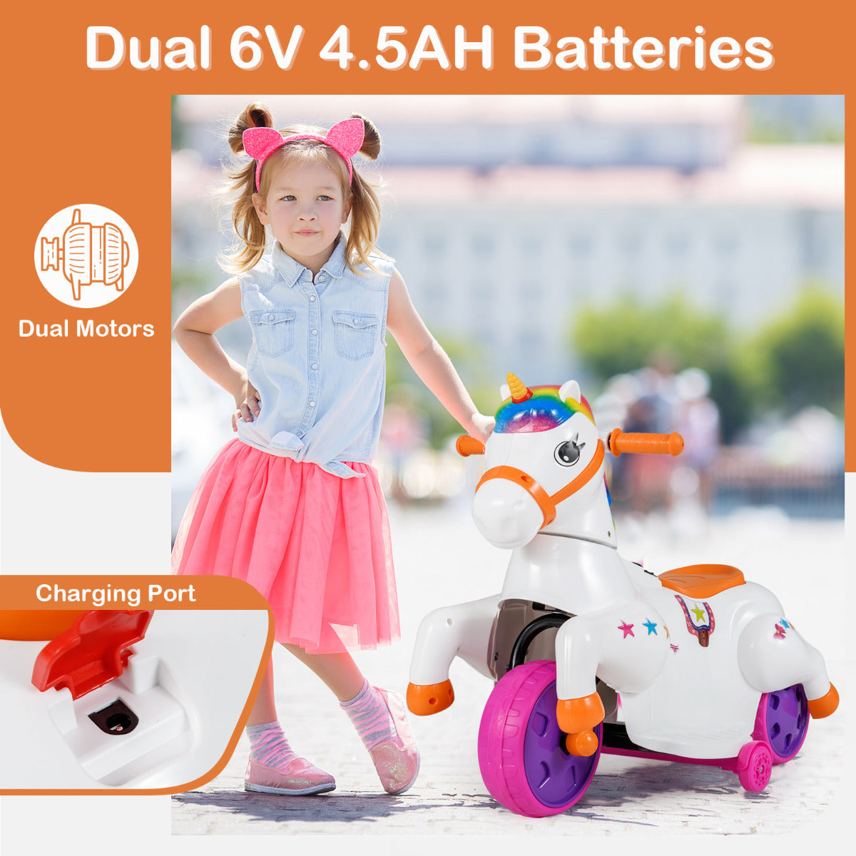 Close up of the charging port and dual motors on a white unicorn ride on toy with a girl nearby