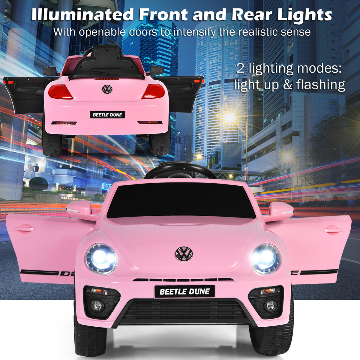 Pink electric ride on car with doors and lights open and illuminated