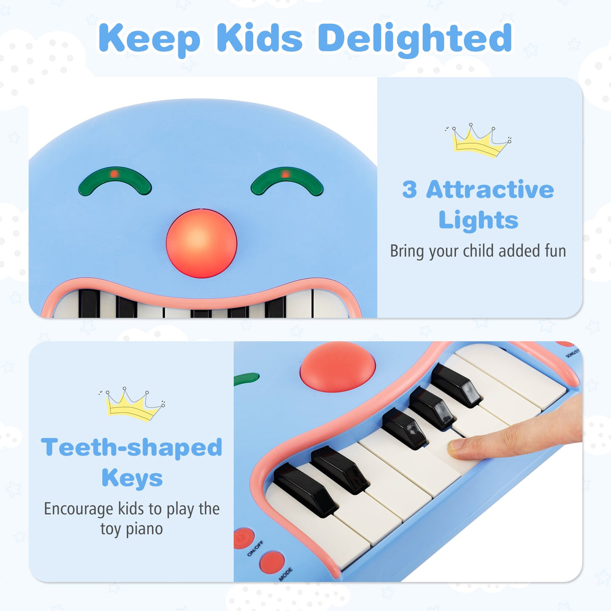 Close-up of the blue kids piano keyboard toy highlighting its teeth-shaped keys and lights