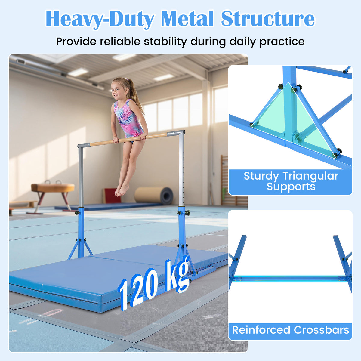 the gymnastics bar highlighting the sturdy triangular supports and reinforced crossbars