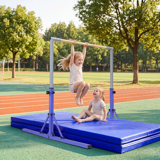 Two young girls using the purple gymnastics bar on mats outdoors