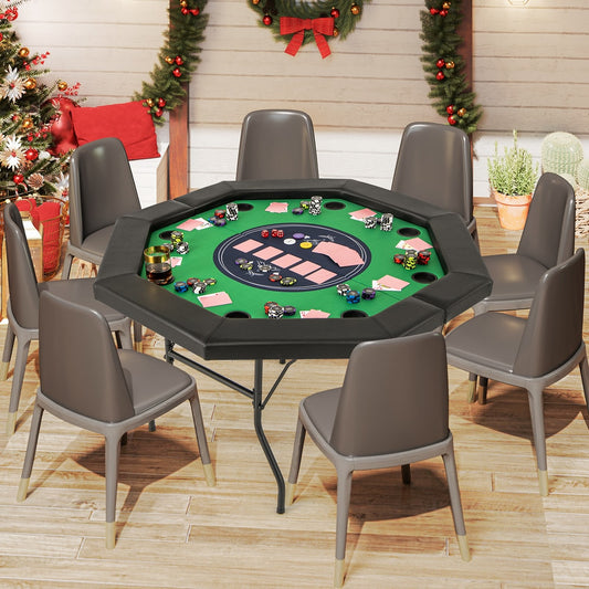 The green poker table set up for 8 players with chairs around it