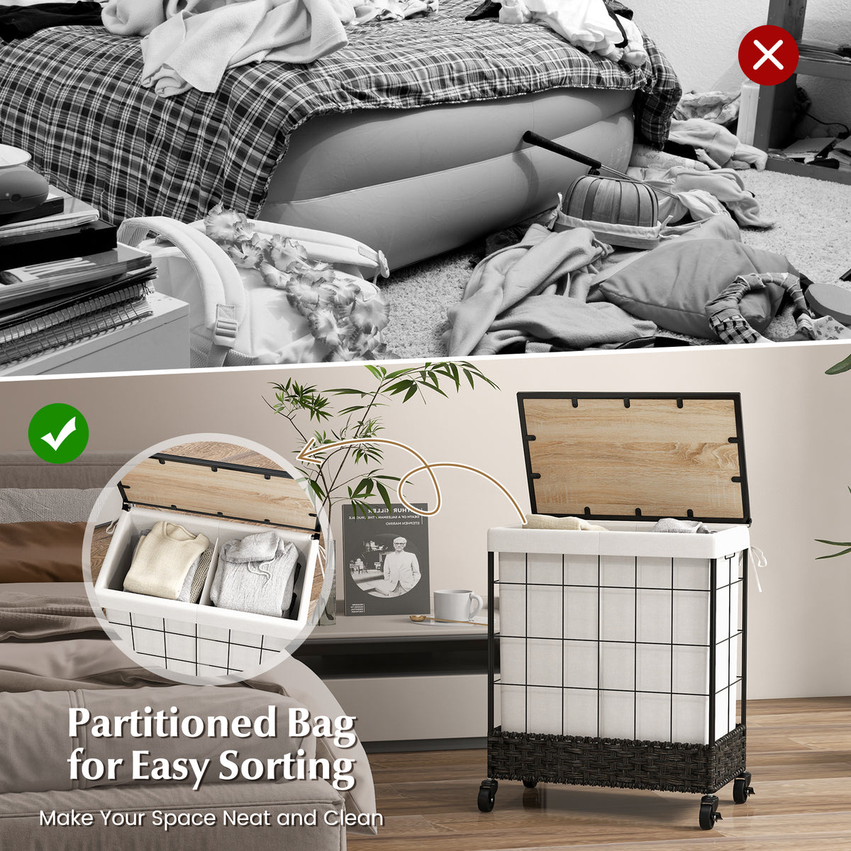 130L Handwoven Rattan Laundry Hamper with Lid and Lockable Wheels-Black