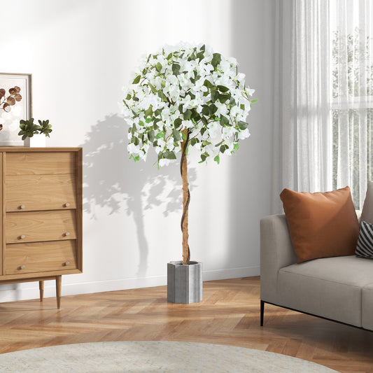 The artificial azalea tree with white flowers and a wood trunk stands in a grey pot