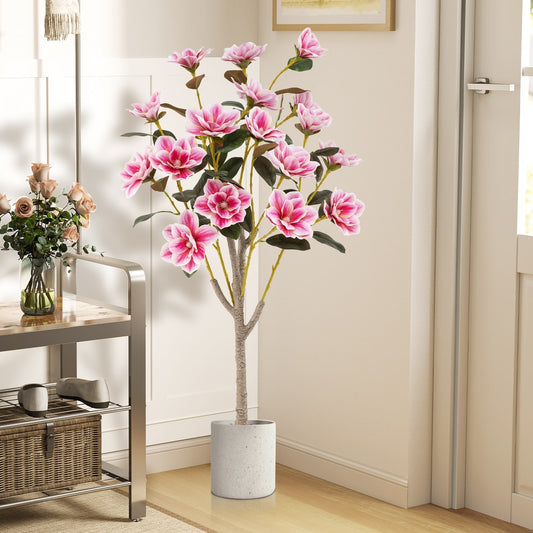 The faux plant in a stylish room with a shoe rack and flowers on a shelf