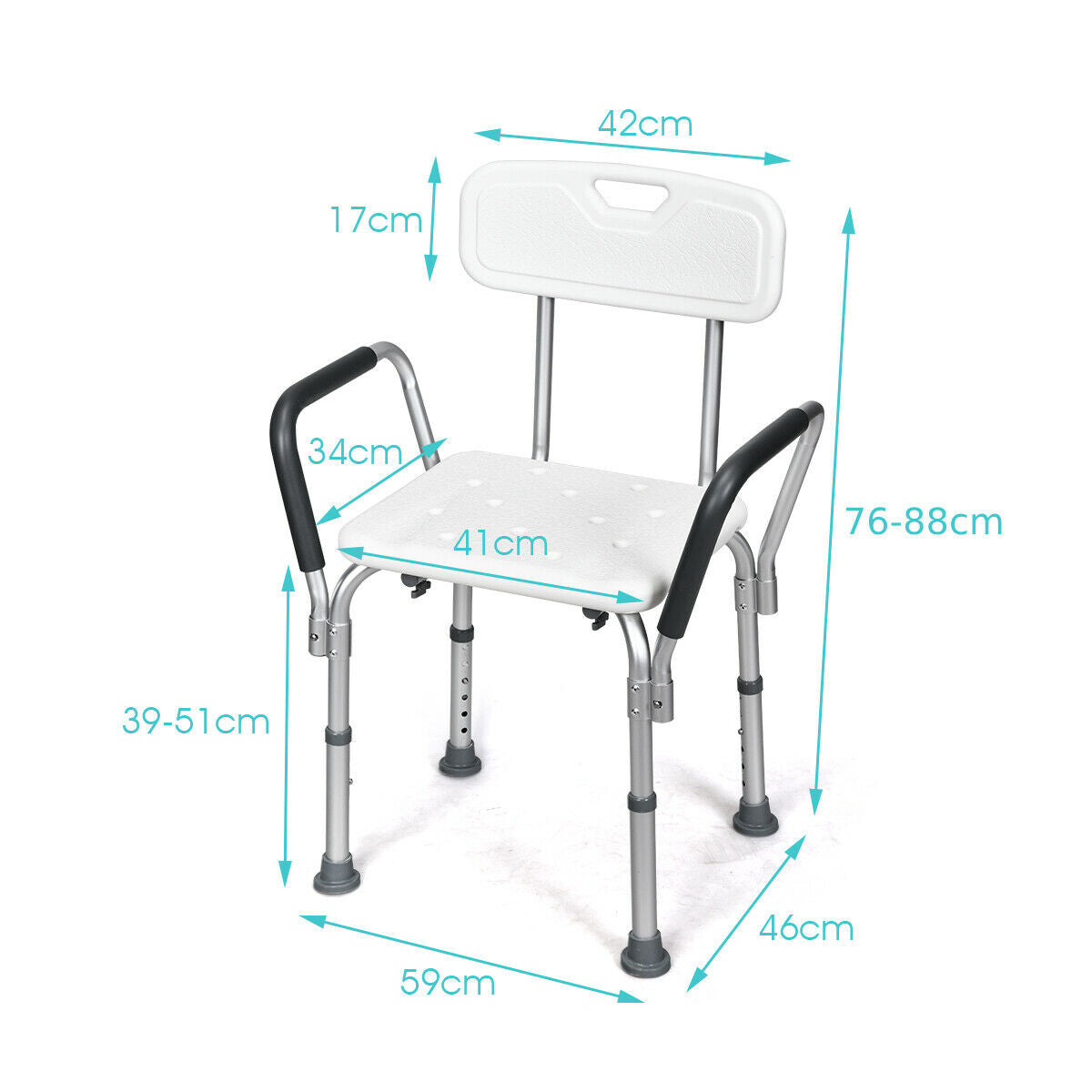 Adjustable Height Bath / Shower Chair with Removable Back and Armrests