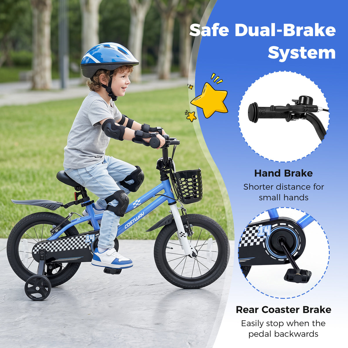 Close up of the safe dual-brake system on the blue kids bike, showing hand and coaster brakes