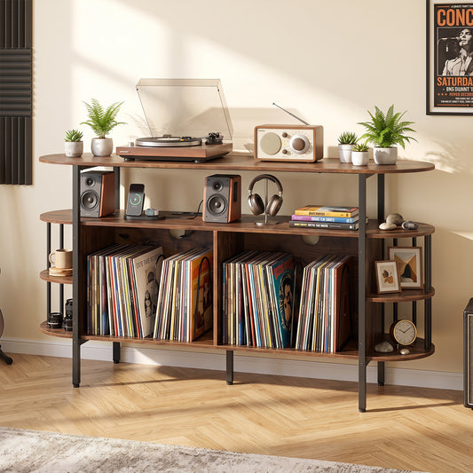 The record player stand is shown in a living room setting with records, speakers, and a turntable