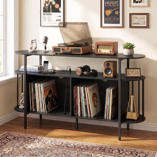 Black record player stand with vinyl records and turntable in a room