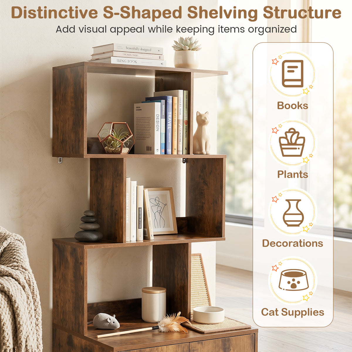 the cat furniture with books and ornaments arranged on the open shelves in a bright room