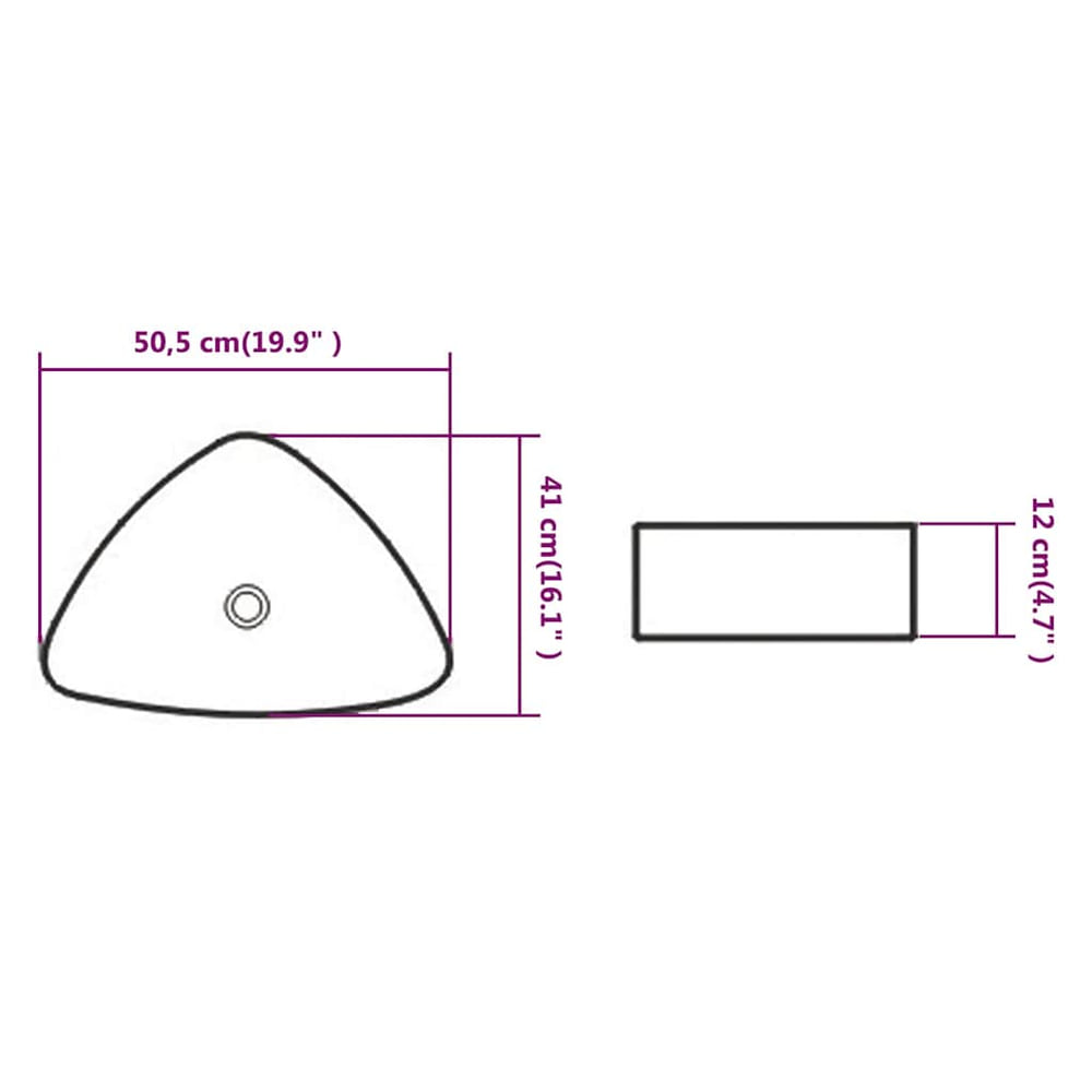 Diagram showing the dimensions of the triangular ceramic basin