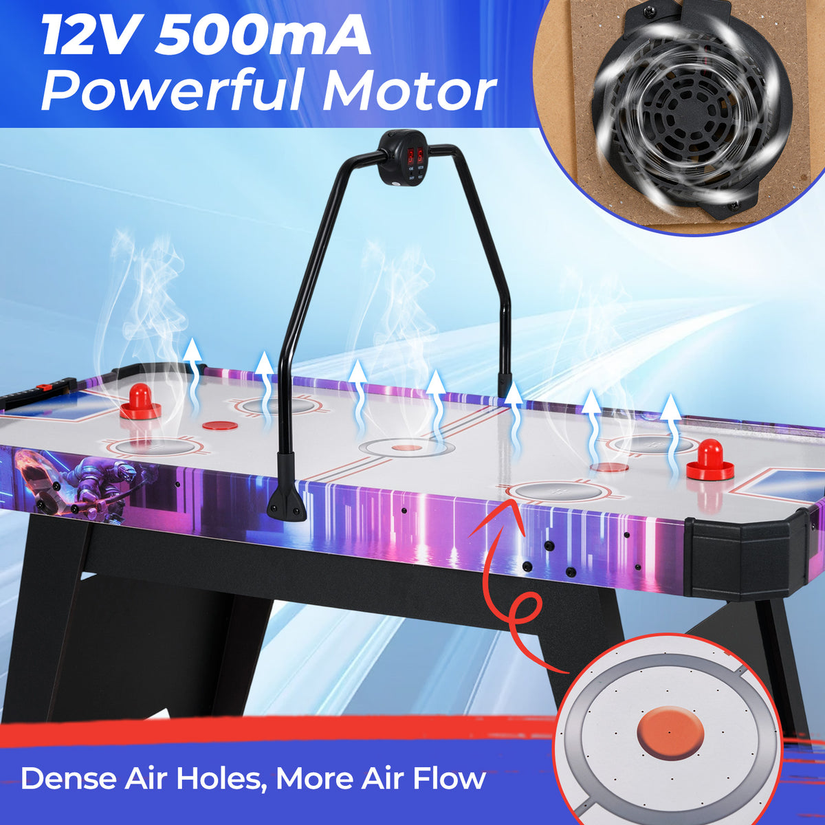 Close up of the air hockey table showing dense air holes and fan detail