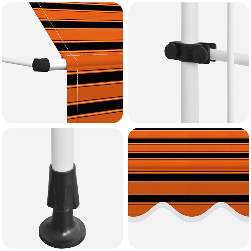 Close-ups of the orange and brown striped manual retractable awning parts