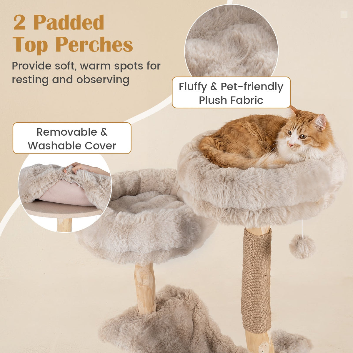 Close up of the cat tree tower showing padded perches