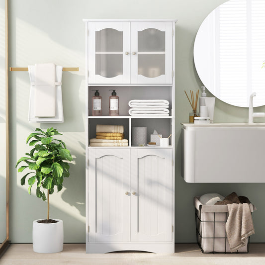 The floor cabinet placed in a bright bathroom with towels and toiletries