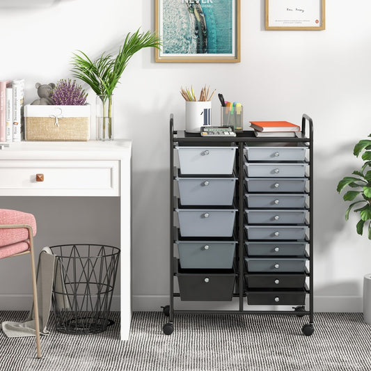 The rolling storage cart with 15 drawers is shown next to a desk, holding art supplies