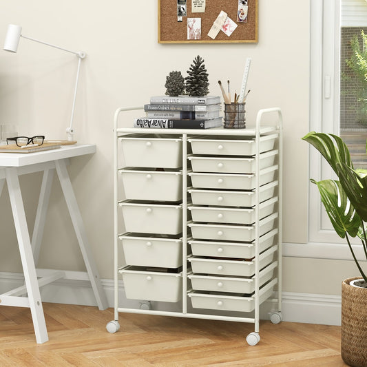 The rolling storage cart in a home office setting next to a desk and a plant