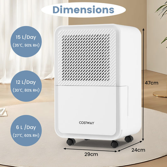 The white dehumidifier shown with arrows indicating its height, width and depth on a rug